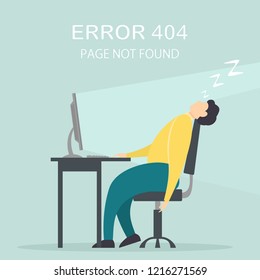 Man fell asleep at computer on workplace. Lettering Error 404, page not found, illustration.