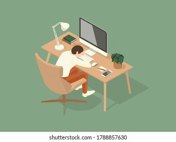 Man Fell Asleep On The Table While Working. Isometric Illustration About Working On The Table.