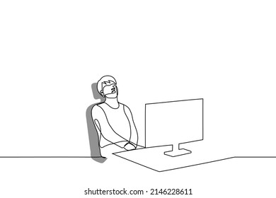 man fell asleep sitting at his desk in front of a computer monitor - one line drawing vector. workplace overwork concept, lazy unprofessional worker, freelancer took a break, daytime nap sitting