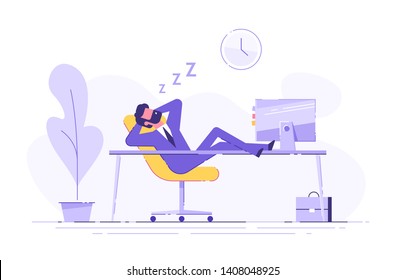 Man fell asleep at the table in the office. Work overtime. Modern vector illustration.