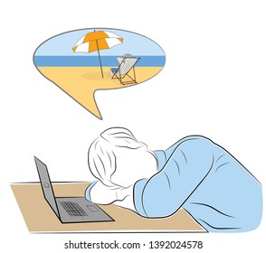 the man fell asleep at the workplace. dream about rest. vector illustration.