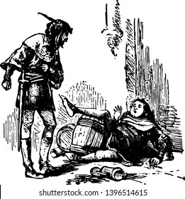 A man fell down on ground and another man looking at him in anger barrel on ground vintage line drawing or engraving illustration