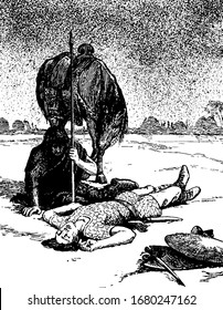 A man fell down on ground and another man with horse sitting near him, vintage line drawing or engraving illustration