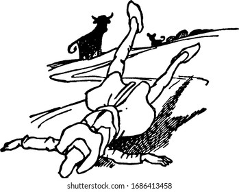 A man fell down on ground and cow in background,  vintage line drawing or engraving illustration