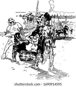 A man fell down on ground and another man holding him, soldier with sword standing near him, horse riders in background, vintage line drawing or engraving illustration