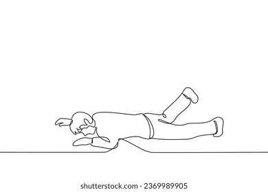 man fell to the ground or floor with his stomach down - one line art vector. concept of losing your balance, tripping and falling or lying on the floor and having a tantrum