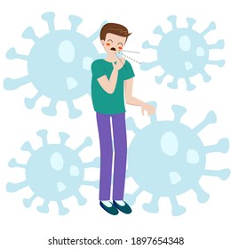 man fell ill with the virus. the danger of coronavirus for men in a public place. wear a mask and stay at home. vector stock illustration on a white and virus background.