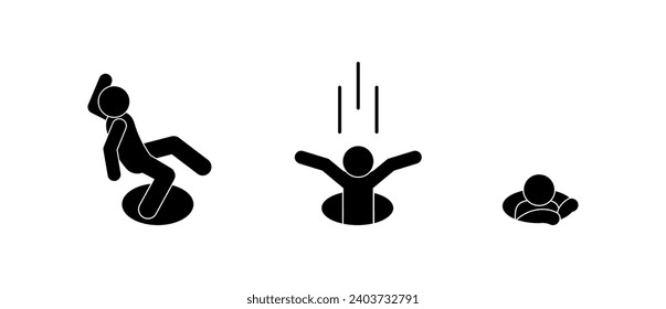 man fell into a hole, warning sign, stick figure people, icon set