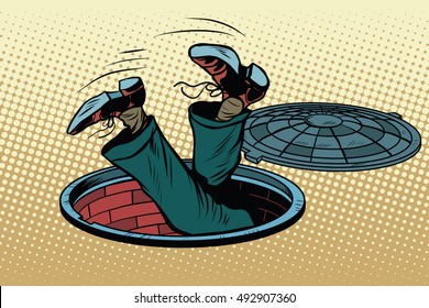 The man fell into a manhole underground sewer, pop art retro vector illustration