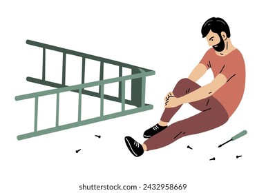 Man fell from the ladder. leg injury, bruise or fracture. Danger and carelessness at work. Vector illustration isolated on white background