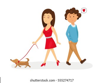 A Man Fell In Love With A Stranger. Young Woman With A Dog For A Walk. Happy Valentine's Day. Lovers