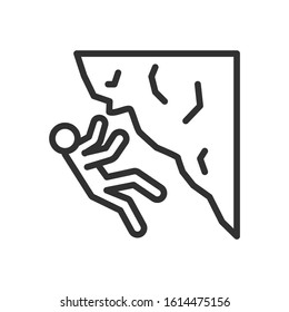 man fell off a cliff, accident , rock climbing, Caution, linear icon. Editable stroke