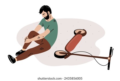 The man fell off his scooter. Transport accident. Careless driving on the road. Leg injury. Vector illustration isolated on white background