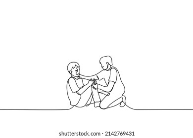 man fell on the floor and holds on to leg and screams in pain while second is concerned and offers help - one line drawing vector. concept help passerby, empathy, social experiment, kindness 