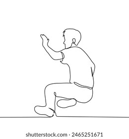 man fell and put his hand in front of his face, shielding himself from something - one line art vector. concept of victim, defending against attack. Handmade vector not AI