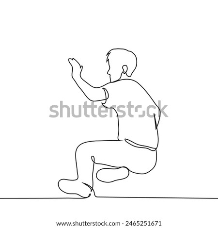 man fell and put his hand in front of his face, shielding himself from something - one line art vector. concept of victim, defending against attack. Handmade vector not AI