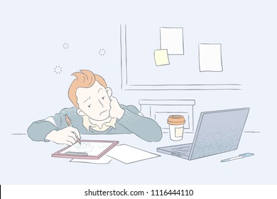 Man felt distressed and do nothing in the office, hand drawn outline style with pastel color