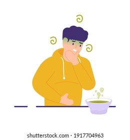 a man felt headaches and nausea in the stomach as a result of drinking an expired soup. illustration of a person with food poisoning. flat style. vector design elements