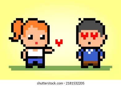 Man And Female 8 Bit Pixels. People In Pairs For Cross Stitch Pattern In Vector Illustration.