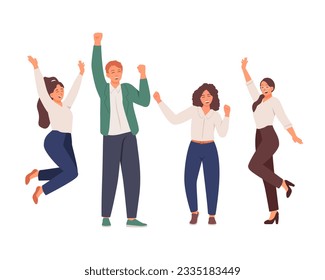 Man and females rejoices and jumping together. Productive work. Team work and achievements. Vector characters are happy to make deal. Successful completion of group task. Flat vector illustration