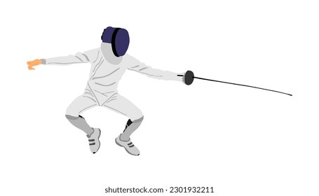 Man fencing player vector illustration isolated on white background. Fencing competition event. Sword fighting symbol. Fence battle. Elite sport. Sportsman in full equipment.