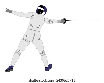 Man fencing player vector illustration isolated on white background. Fencing competition event. Sword fighting symbol. Fence battle. Elite sport. Sportsman in full equipment.