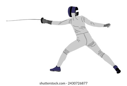 Man fencing player vector illustration isolated on white background. Fencing competition event. Sword fighting symbol. Fence battle. Elite sport. Sportsman in full equipment.