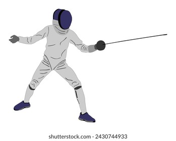 Man fencing player vector illustration isolated on white background. Fencing competition event. Sword fighting symbol. Fence battle. Elite sport. Sportsman in full equipment.