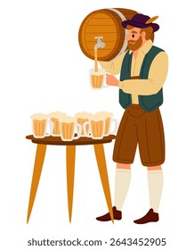 Man in festive attire pours beer by glass from wooden barrel. Octoberfest party. Bavarian holiday. Pub alcohol beverage. Autumn celebration. Foam lager pint cups on table. Bar brewery. Vector concept
