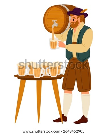 Man in festive attire pours beer by glass from wooden barrel. Octoberfest party. Bavarian holiday. Pub alcohol beverage. Autumn celebration. Foam lager pint cups on table. Bar brewery. Vector concept