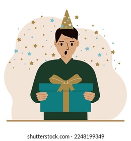 Un hombre con una gorra festiva sostiene una gran caja de regalo con un arco. Ilustración plana del vector