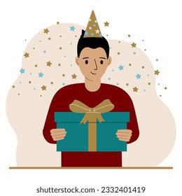 A man with a festive cap holds a large gift box with a bow. Vector flat illustration