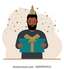 Un hombre con una gorra festiva sostiene una Grande caja de regalo con un lazo. Ilustración plana de Vector