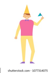 Man in festive cap with holiday flag in hand isolated on white. Birthday boy celebrate anniversary vector illustration cartoon style person in bow