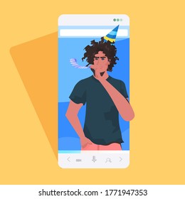 man in festive hat blowing in whistle celebrating online birthday party celebration concept smartphone screen mobile app portrait vector illustration