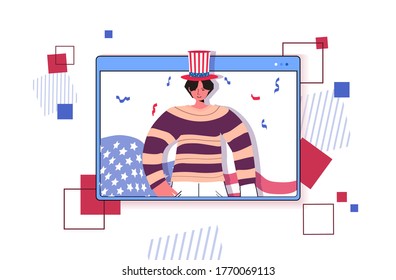 man in festive hat celebrating 4th of july american independence day concept web browser window portrait horizontal vector illustration