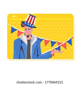 man in festive hat celebrating 4th of july american independence day celebration concept web browser window portrait horizontal vector illustration