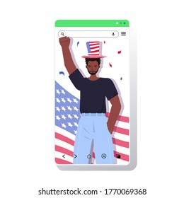 man in festive hat celebrating 4th of july american independence day concept smartphone screen mobile app portrait vector illustration