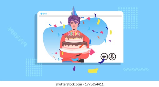 man in festive hat celebrating online party guy in web browser window holding birthday cake celebration concept portrait horizontal vector illustration