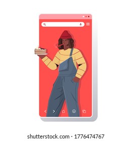 man in festive hat celebrating online birthday party african american guy in smartphone screen holding cake celebration self isolation quarantine concept portrait vertical vector illustration