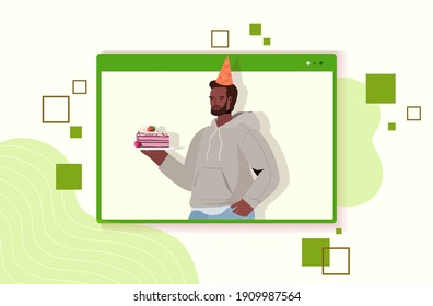 man in festive hat celebrating online birthday party african american guy in computer window holding cake celebration self isolation quarantine concept portrait horizontal vector illustration