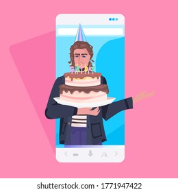man in festive hat holding cake celebrating online birthday party celebration concept smartphone screen mobile app portrait vector illustration
