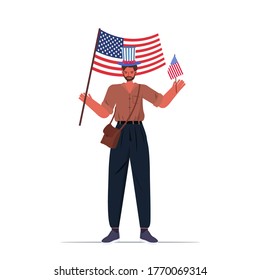 man in festive hat holding usa flag guy celebrating 4th of july american independence day concept full length isolated vector illustration