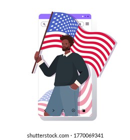 man in festive hat holding usa flag celebrating 4th of july american independence day concept smartphone screen mobile app portrait vector illustration