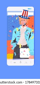 man in festive hat with usa flag celebrating 4th of july american independence day celebration concept smartphone screen mobile app portrait vector illustration