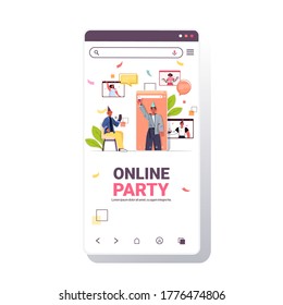 man in festive hat using smartphone celebrating online birthday party during video call with mix race friends celebration self isolation virtual meeting concept vector illustration