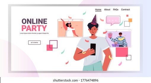 man in festive hat using smartphone celebrating online birthday party during video call with mix race friends celebration self isolation virtual meeting concept horizontal vector illustration