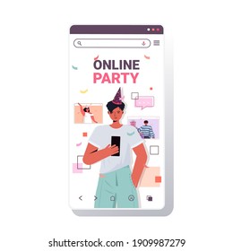 man in festive hat using smartphone celebrating online birthday party during video call with mix race friends celebration self isolation virtual meeting concept vector illustration