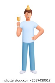 Homem com chapéus festivos celebrando, segurando champanhe ou copo de vinho. Celebração, festa, conceito de aniversário. personagem de pessoas vetoriais 3d. Estilo mínimo de desenho animado.