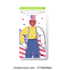 man in festive usa hat celebrating 4th of july american independence day concept smartphone screen mobile app portrait vector illustration